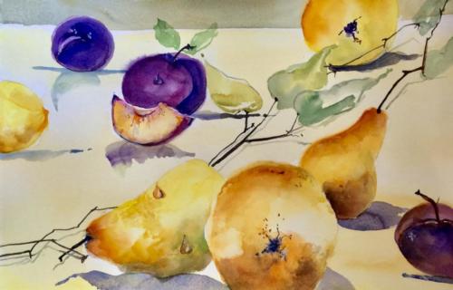 Birnen und Pflaumen Aquarell