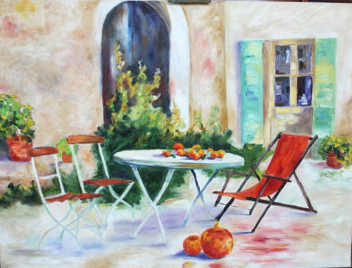Der rote Liegestuhl Öl 60x80cm