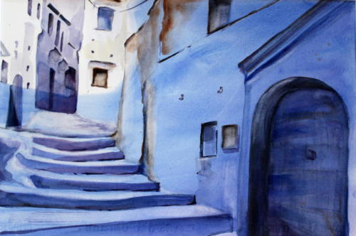 Marokko Blaue Gasse Aquarell 50x70cm
