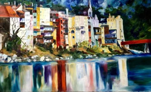 Wasserburg leuchtet Öl 50x70cm
