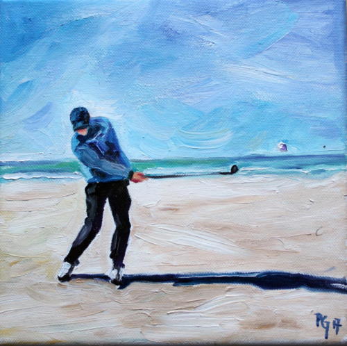 Golfer am Strand Öl 20x20cm