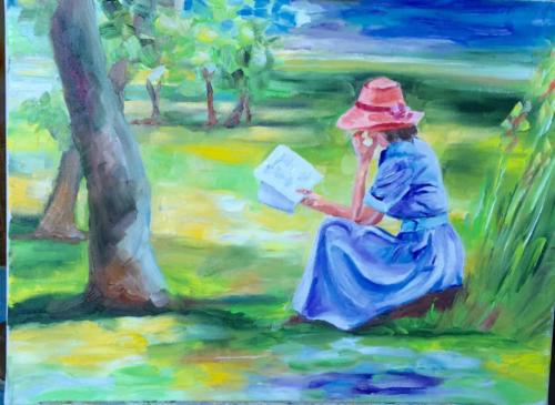 Lesen im Wald Öl 30x40cm